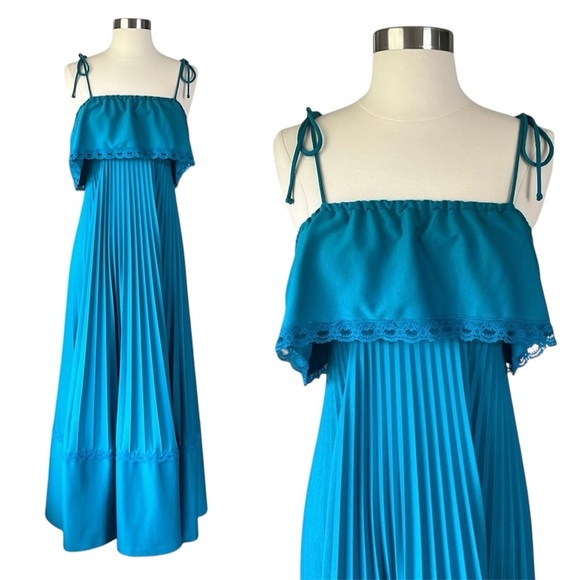 VINTAGE Tie Shoulder Pleated A-Line Maxi Dress Size Medium - Picture 1 of 15